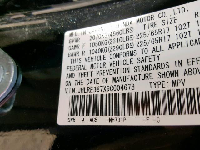 JHLRE387X9C004678 - 2009 HONDA CR-V EXL BLACK photo 10