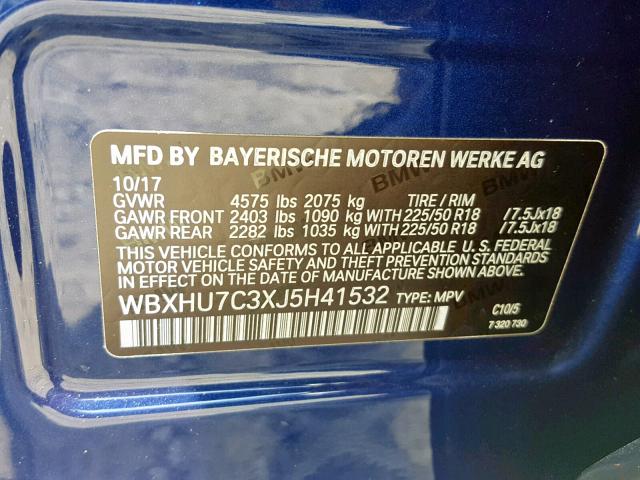 WBXHU7C3XJ5H41532 - 2018 BMW X1 SDRIVE2 BLUE photo 10