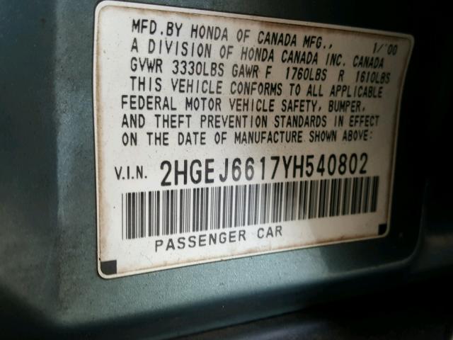 2HGEJ6617YH540802 - 2000 HONDA CIVIC BASE Turkuaz foto 10