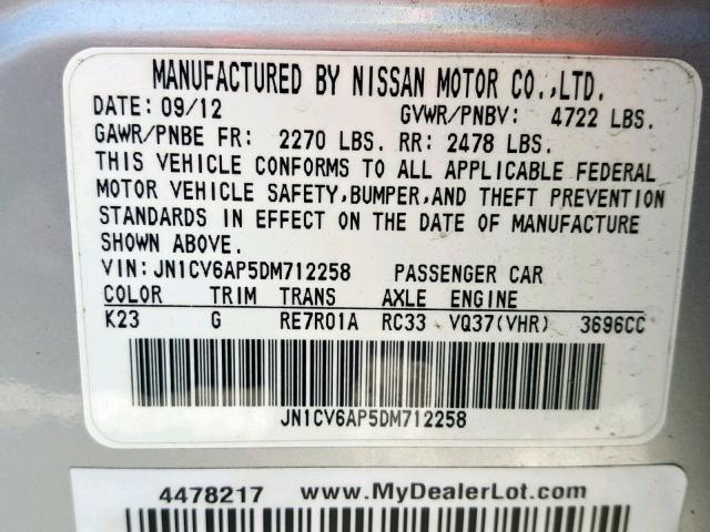 JN1CV6AP5DM712258 - 2013 INFINITI G37 BASE SILVER photo 10