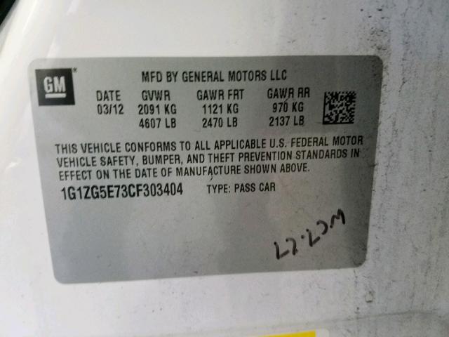 1G1ZG5E73CF303404 - 2012 CHEVROLET MALIBU LTZ თეთრი ფოტო 10