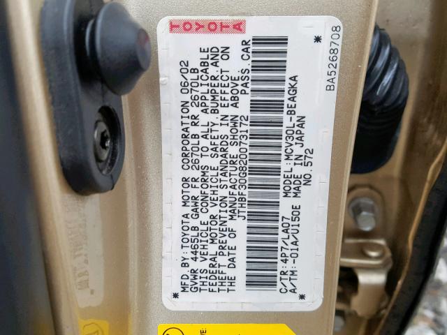 JTHBF30G820073172 - 2002 LEXUS ES 300 GOLD photo 10