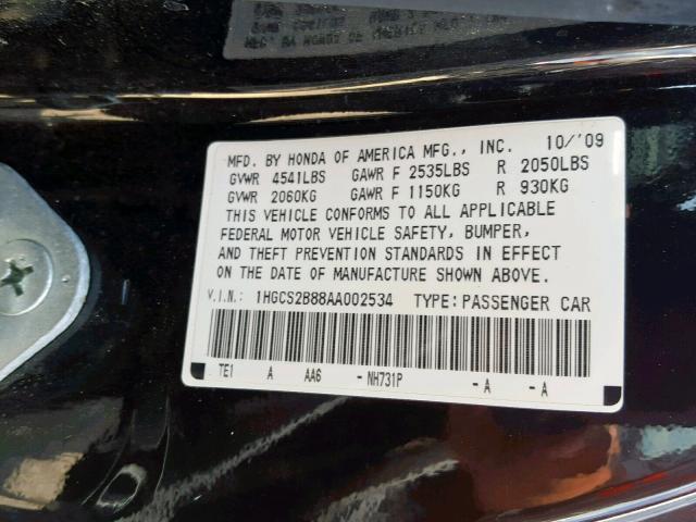 1HGCS2B88AA002534 - 2010 HONDA ACCORD EXL BLACK photo 10