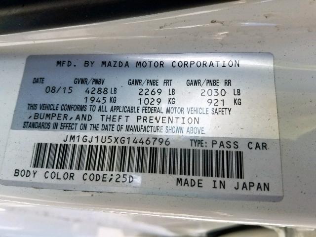 JM1GJ1U5XG1446796 - 2016 MAZDA 6 SPORT WHITE photo 10