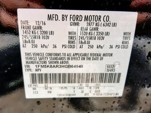 1FM5K8AR3HGB64949 - 2017 FORD EXPLORER P BLACK photo 10