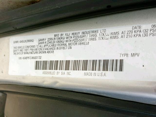 4S4BP67C464301732 - 2006 SUBARU LEGACY OUT GRAY photo 10