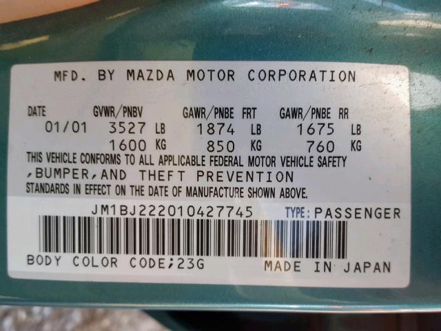 JM1BJ222010427745 - 2001 MAZDA PROTEGE DX GREEN photo 10