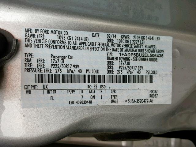 1FADP5BU2EL506435 - 2014 FORD C-MAX SEL SILVER photo 10