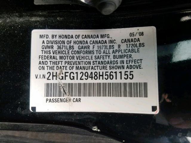 2HGFG12948H561155 - 2008 HONDA CIVIC EXL Qara foto 10