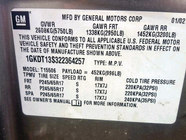 1GKDT13S322364257 - 2002 GMC ENVOY GOLD photo 10