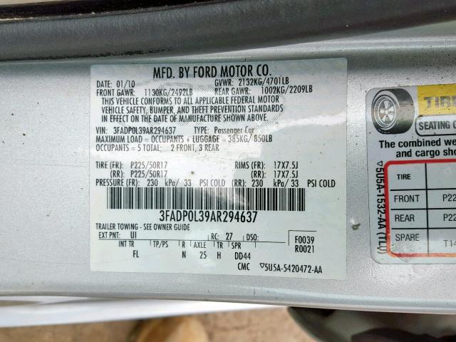 3FADP0L39AR294637 - 2010 FORD FUSION HYB SILVER photo 10