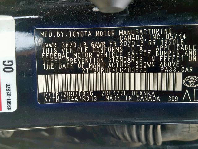 2T1BURHE4EC180520 - 2014 TOYOTA COROLLA L BLACK photo 10