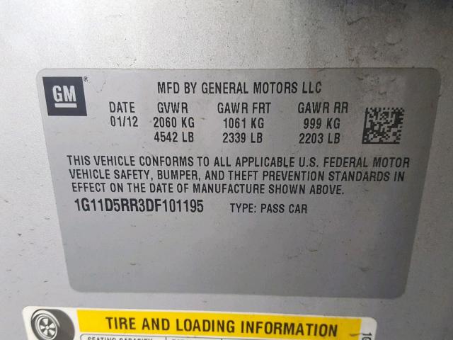 1G11D5RR3DF101195 - 2013 CHEVROLET MALIBU 1LT 灰色 照片 10