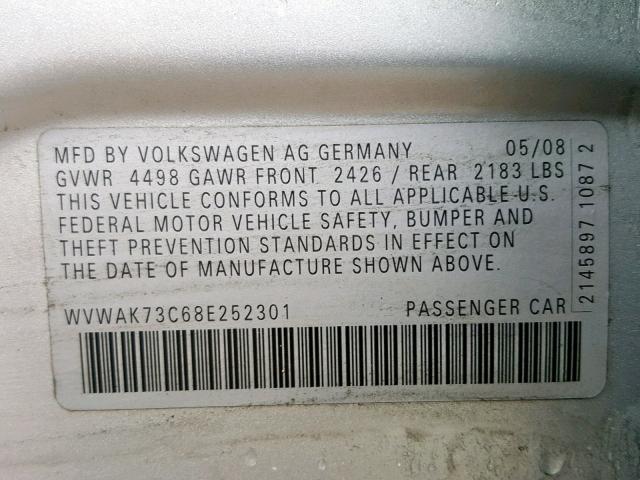 WVWAK73C68E252301 - 2008 VOLKSWAGEN PASSAT KOM SILVER photo 10