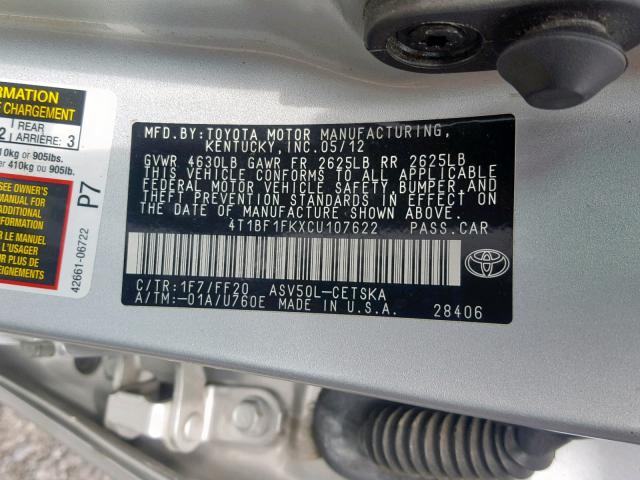 4T1BF1FKXCU107622 - 2012 TOYOTA CAMRY BASE SILVER photo 10