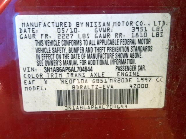 3N1AB6AP6AL704644 - 2010 NISSAN SENTRA 2.0 RED photo 10