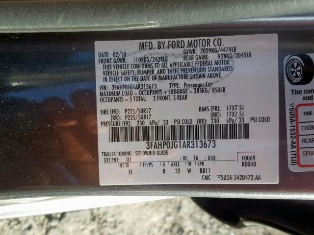 3FAHP0JG1AR313673 - 2010 FORD FUSION SEL GRAY photo 10