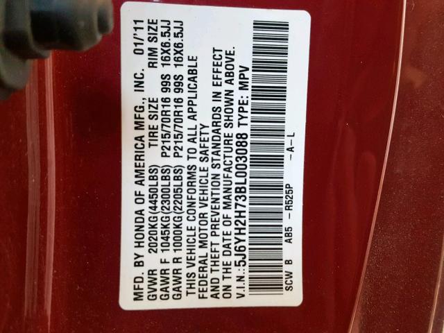 5J6YH2H73BL003088 - 2011 HONDA ELEMENT EX MAROON photo 10