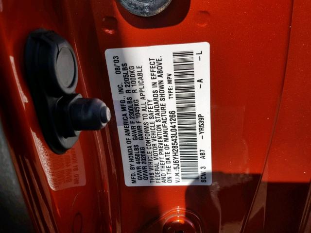 5J6YH28543L041266 - 2003 HONDA ELEMENT EX ORANGE photo 10