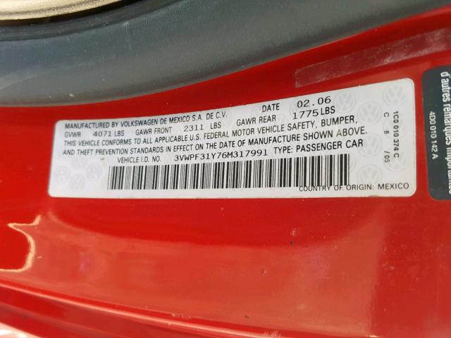 3VWPF31Y76M317991 - 2006 VOLKSWAGEN NEW BEETLE წითელი ფოტო 10