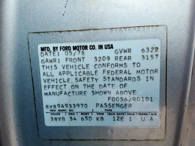 8Y89A933970 - 1978 LINCOLN CONTINENTL BLUE photo 10