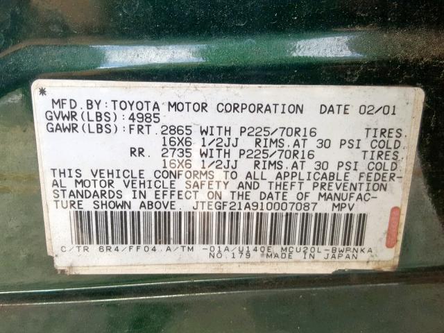 JTEGF21A910007087 - 2001 TOYOTA HIGHLANDER GREEN photo 10