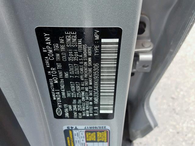 KM8J3CA4XKU935306 - 2019 HYUNDAI TUCSON LIM SILVER photo 10