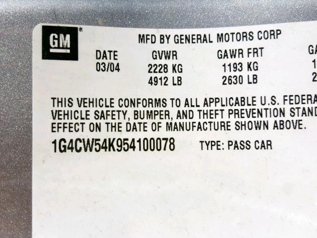 1G4CW54K954100078 - 2005 BUICK PARK AVENU SILVER photo 10