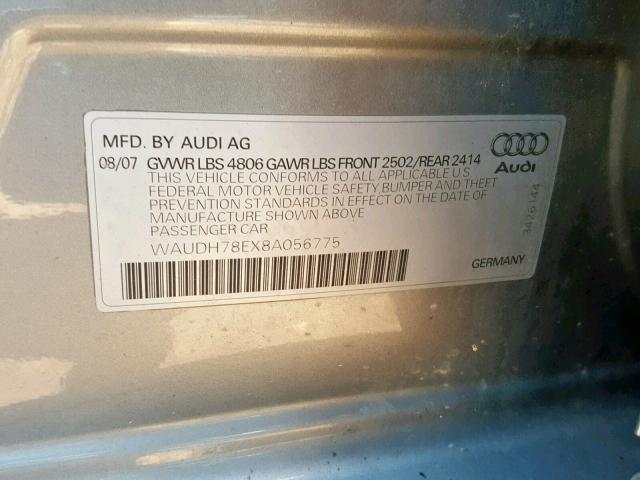 WAUDH78EX8A056775 - 2008 AUDI A4 3.2 QUA SILVER photo 10