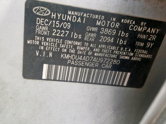 KMHDU4AD7AU972280 - 2010 HYUNDAI ELANTRA BL SILVER photo 10