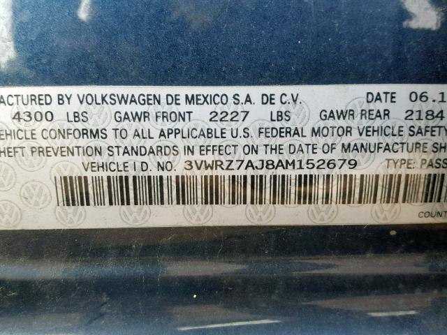 3VWRZ7AJ8AM152679 - 2010 VOLKSWAGEN JETTA SE BLUE photo 10