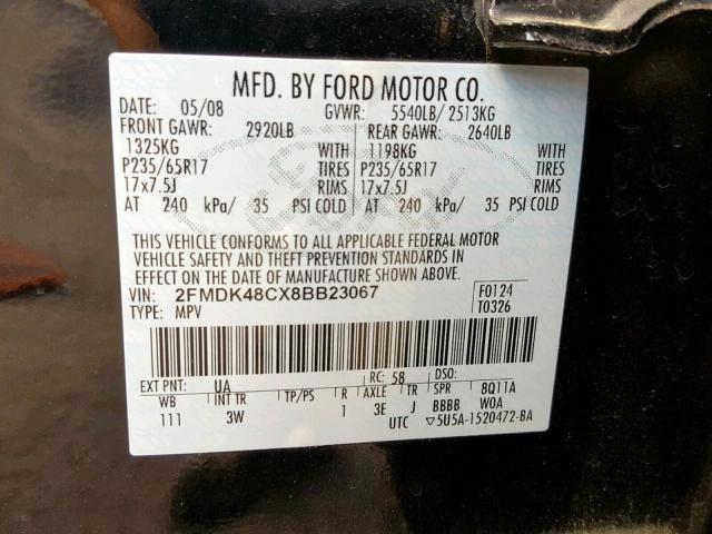 2FMDK48CX8BB23067 - 2008 FORD EDGE SEL BLACK photo 10