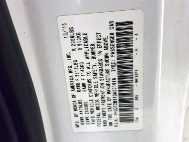 1HGCT2B81GA001618 - 2016 HONDA ACCORD EXL WHITE photo 10