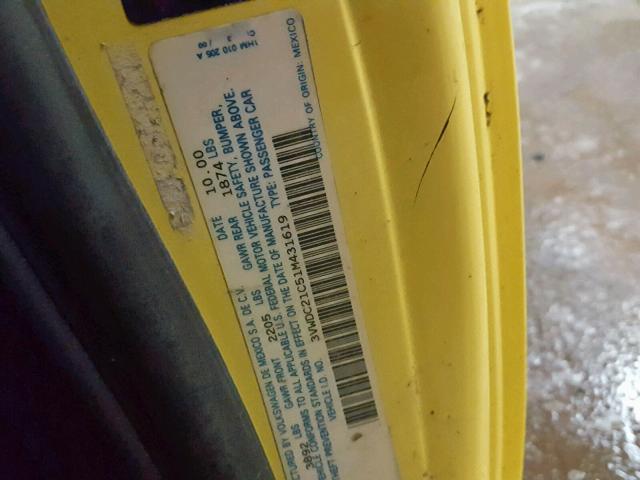 3VWDC21C51M431619 - 2001 VOLKSWAGEN NEW BEETLE ყვითელი ფოტო 10