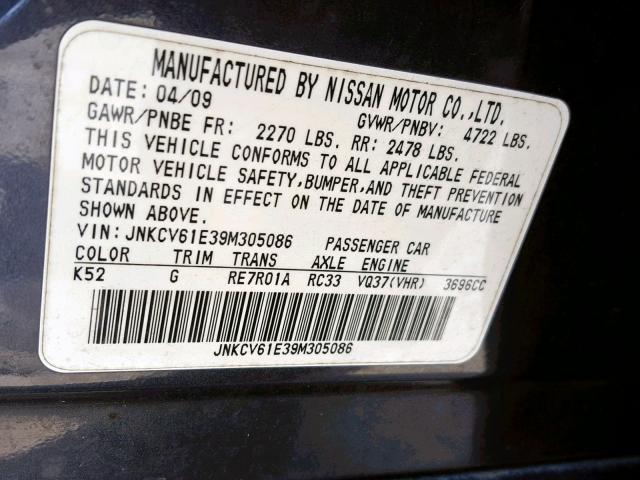 JNKCV61E39M305086 - 2009 INFINITI G37 BASE GRAY photo 10