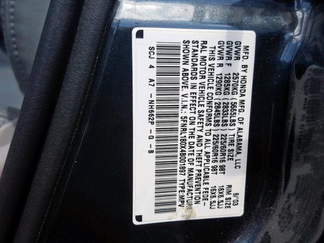 5FNRL180X4B001897 - 2004 HONDA ODYSSEY EX GRAY photo 10