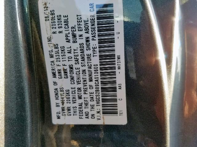 1HGCS2B89CA010600 - 2012 HONDA ACCORD EXL GRAY photo 10