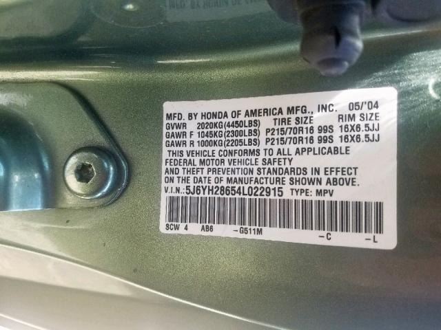 5J6YH28654L022915 - 2004 HONDA ELEMENT EX GREEN photo 10