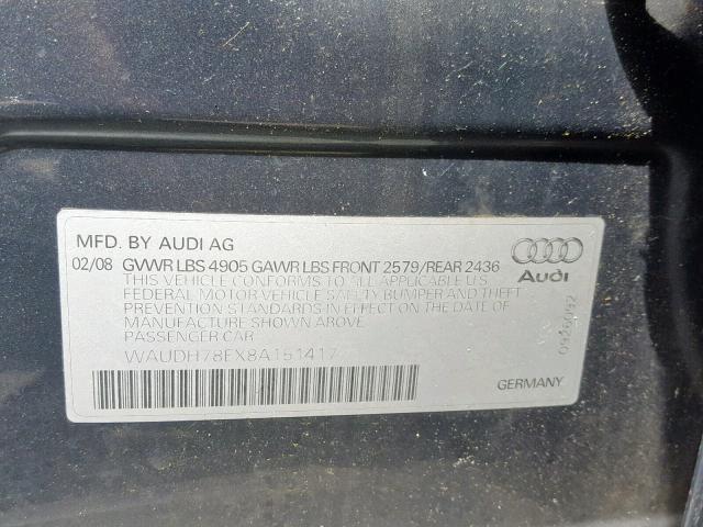 WAUDH78EX8A151417 - 2008 AUDI A4 3.2 QUA GRAY photo 10