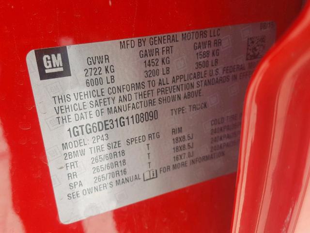 1GTG6DE31G1108090 - 2016 GMC CANYON SLT RED photo 10