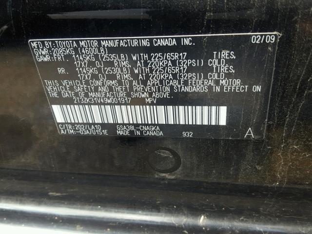 2T3ZK31V49W001917 - 2009 TOYOTA RAV4 LIMIT BLACK photo 10