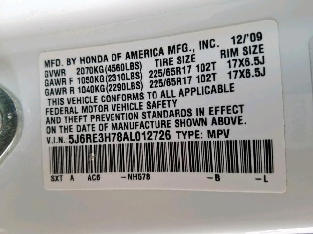 5J6RE3H78AL012726 - 2010 HONDA CR-V EXL WHITE photo 10