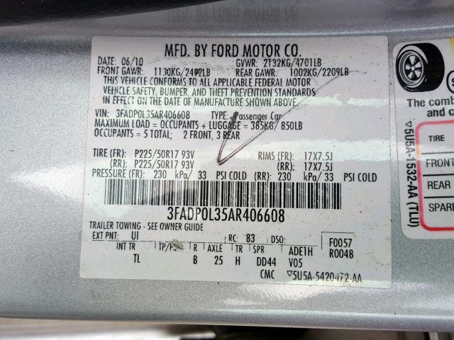 3FADP0L35AR406608 - 2010 FORD FUSION HYB WHITE photo 10