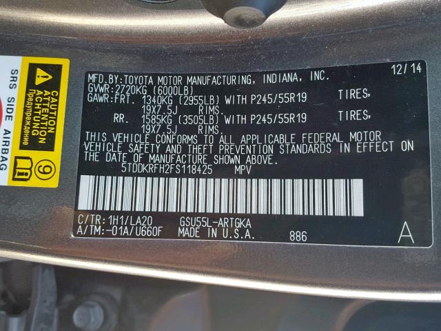 5TDDKRFH2FS118425 - 2015 TOYOTA HIGHLANDER GRAY photo 10