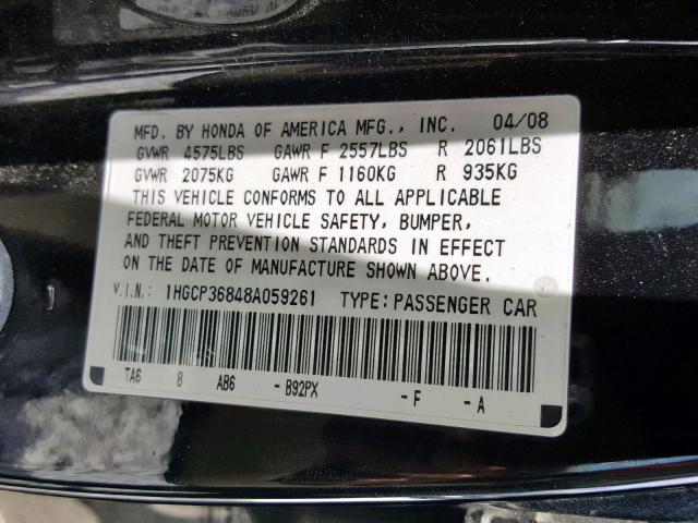 1HGCP36848A059261 - 2008 HONDA ACCORD EXL BLACK photo 10