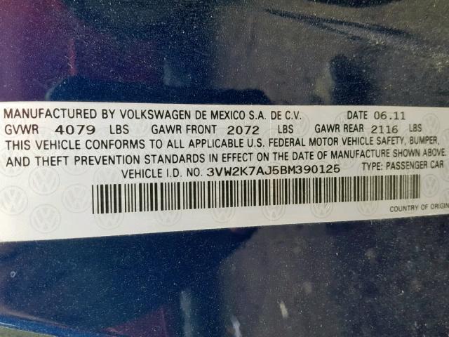 3VW2K7AJ5BM390125 - 2011 VOLKSWAGEN JETTA BASE BLUE photo 10