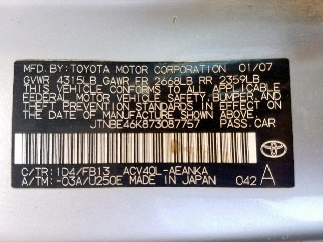 JTNBE46K873087757 - 2007 TOYOTA CAMRY NEW SILVER photo 10