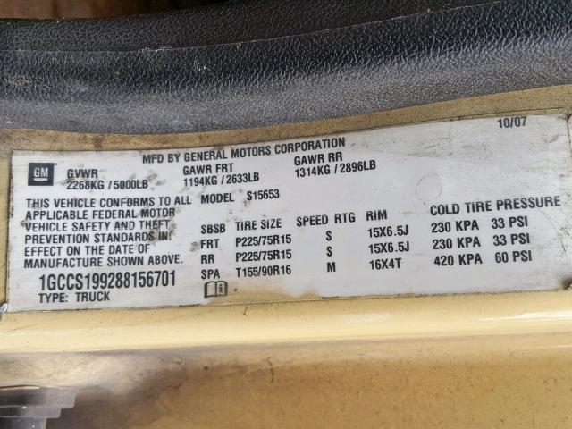 1GCCS199288156701 - 2008 CHEVROLET COLORADO CREAM photo 10