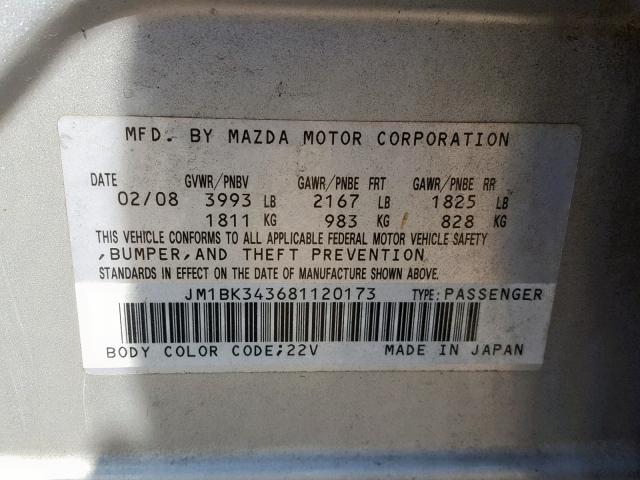 JM1BK343681120173 - 2008 MAZDA 3 HATCHBAC SILVER photo 10