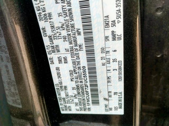 1FMCU0F72FUC55509 - 2015 FORD ESCAPE S GRAY photo 10